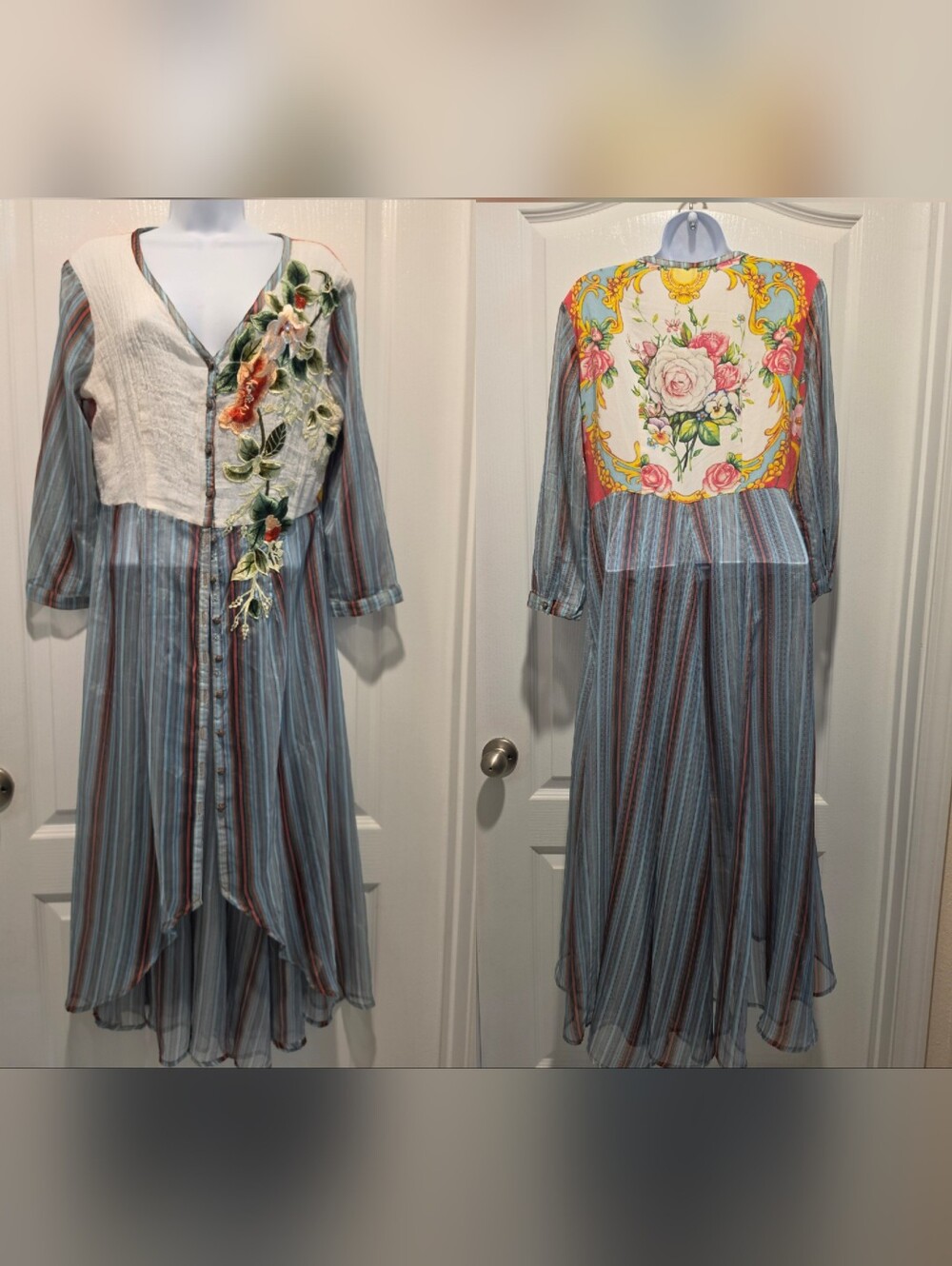 Aratta Hi Lo Kimono Duster Shirt Dress Floral Striped Embroidered Medium Womens